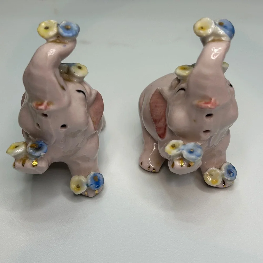 Vintage Pink Elephant Salt and Pepper Shakers Japan Ceramic Floral Gold Trim